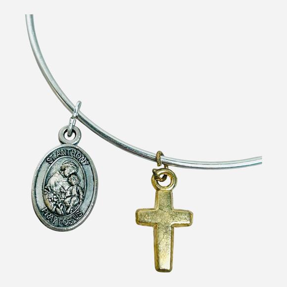 Silver Tone Sliding Bangle Religious Charms Cross St Anthony St Jude Medal Charm - Picture 3 of 4